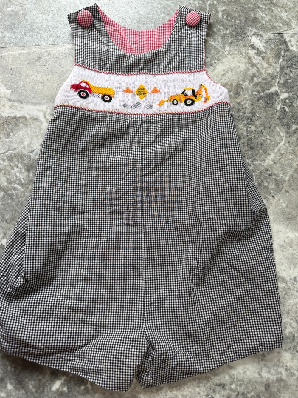 Beaux et Belles Boys 3 Smocked Construction Jon Jon Romper Gingham Truck Tractor